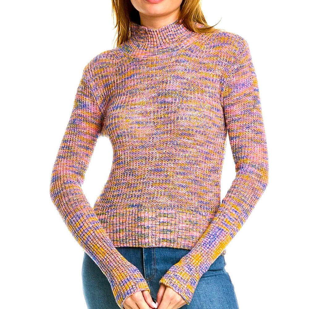 Free People Multicolor Speckled Mock Neck Sweater - Pink, Yellow, Purple